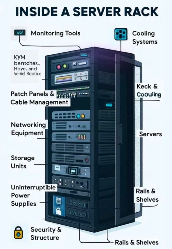 server rack—the backbone of data centres. It holds servers, networking gear, storage, UPS (power backup), cooling systems, patch panels, and monitoring tools. Designed for airflow, cable management, security, and 24/7 reliable operation.