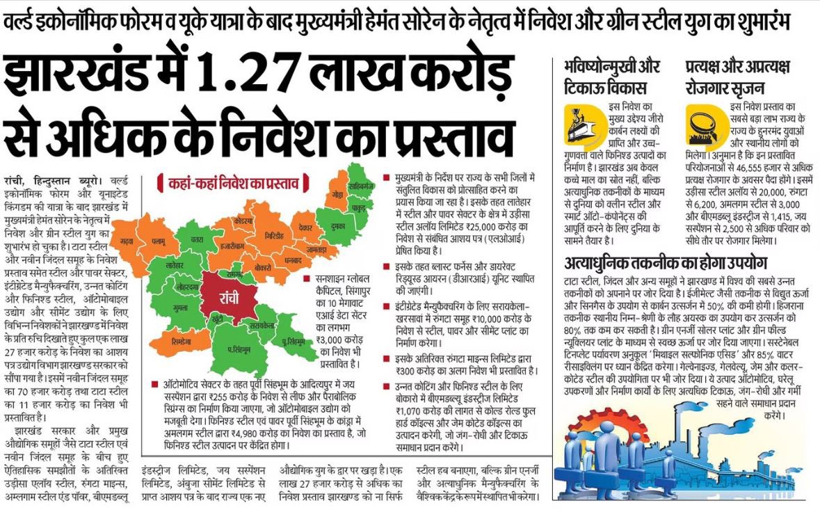 JharkhandCMO's tweet photo. मुख्यमंत्री @HemantSorenJMM  के नेतृत्व में ₹1.27 लाख करोड़ का निवेश प्रस्ताव 'ग्रीन स्टील और हाई-टेक मैन्युफैक्चरिंग हब' के रूप में झारखण्ड को स्थापित करेगा…

#investors #JharkhandSeJohar https://t.co/cxsvQzxo6N