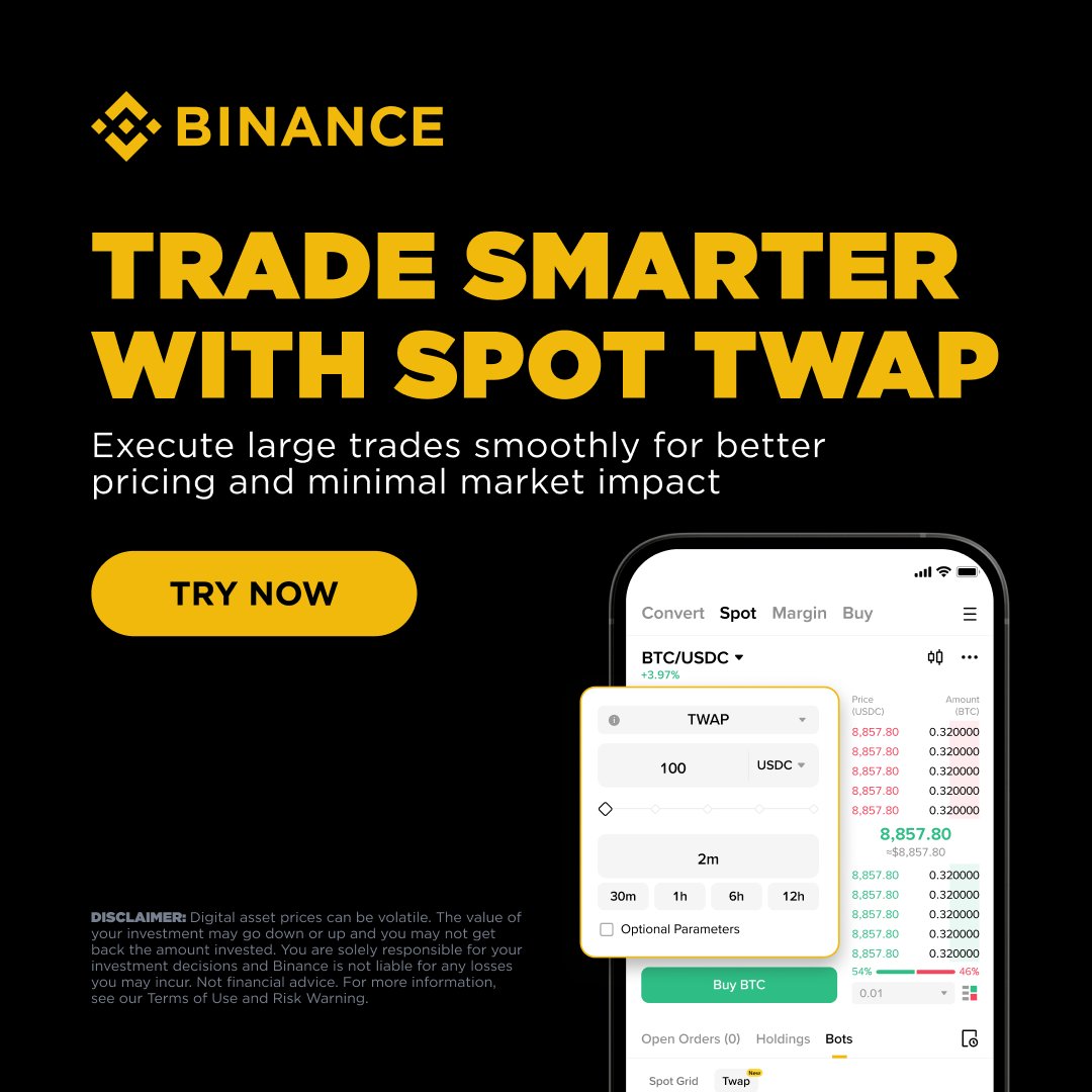 binance's tweet photo. New: Spot TWAP Orders.

🔸 Execute large orders gradually
🔸 Get the best average market price
🔸 Minimize slippage and market impact

Try it now 👉 https://t.co/2kRT8P47XN https://t.co/RBwNp1tagk