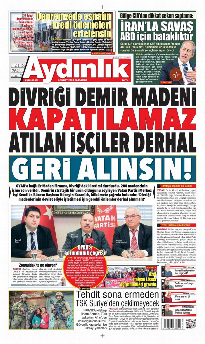 Divriği’deki demir madenini zarar ettiği gerekçesiyle kapatıp, 200 işçiyi kış ortasında işsiz bırakan OYAK’a Vatan Partisi’nden çağrı geldi. Hüseyin Karanlık, ‘OYAK kendini herhangi bir ticari holding gibi göremez. Ülke savunmasına ve ekonomisine karşı sorumlu bir kurum gibi