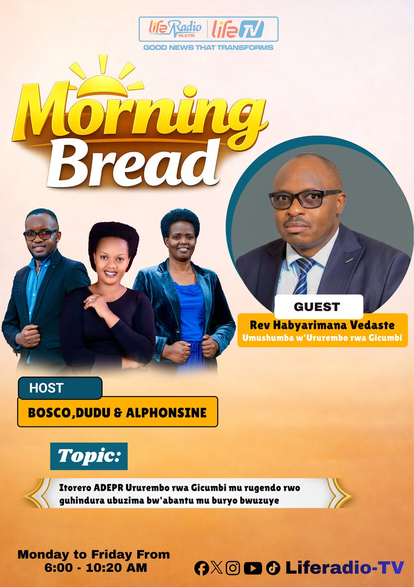 liferadio96fm's tweet photo. Ntucikwe! 🌅
Life Radio–TV irabatumira gukurikira #MorningBread, aho Rev. Habyarimana Vedaste Aganira ku ruhare rw'Itorero ADEPR Ururembo rwa Gicumbi mu guteza imbere imibereho myiza y’abaturage. Dukurikire buri gitondo kuri Life Radio–TV 📻📺
#adepr https://t.co/2pLUtvUARM