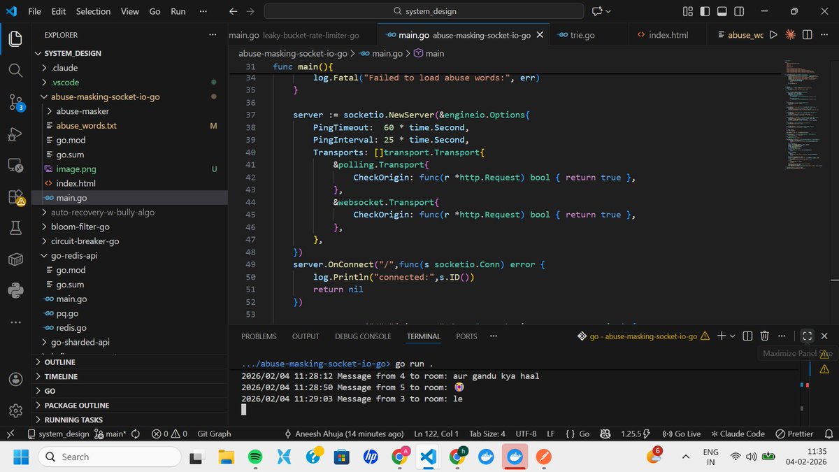 AneeshAhuja3112's tweet photo. Just built a realtime abuse masker on https://t.co/5preVekJwq in golang
-> Trie based word matching for O(n) text scanning
-> room based chat with broadcast
-> hot add new abuse words via REST API (persisted to disk)
check it out: https://t.co/1fZYAZWNGL
@arpit_bhayani https://t.co/DZ5VQ9icKX