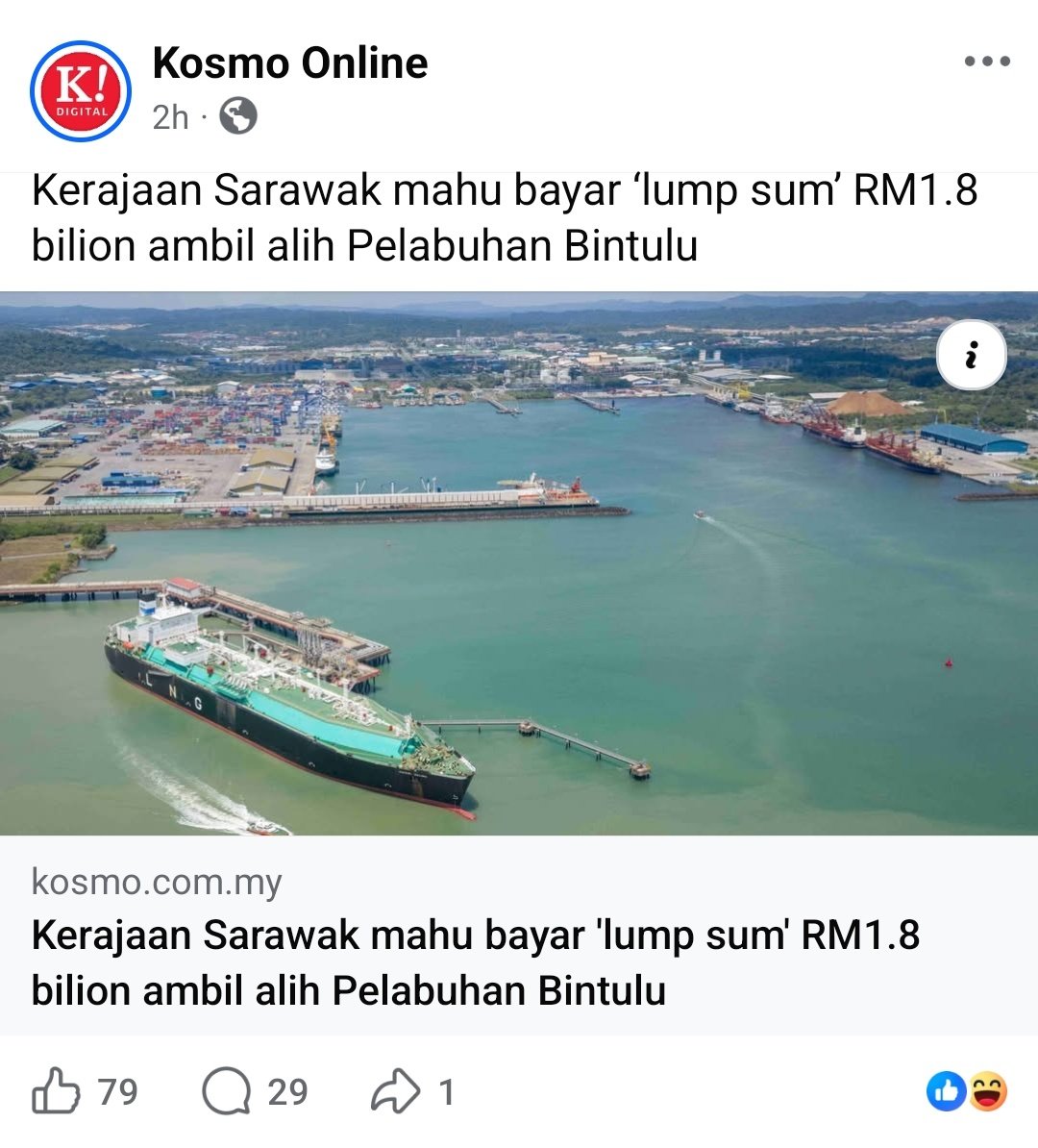 Kerajaan Sarawak mahu bayar "lump sum" RM1.8 billion kepada Kerajaan Pusat bagi mengambil alih Pelabuhan Bintulu.