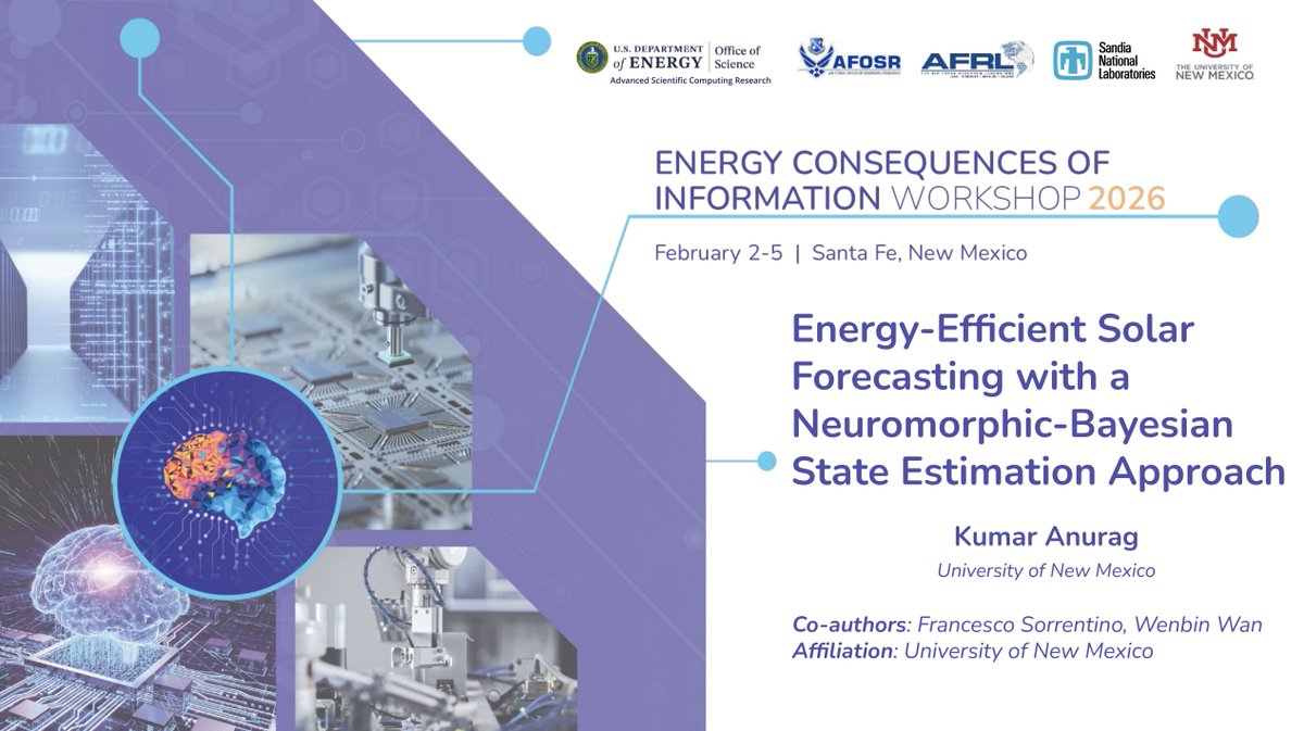 kmranrg's tweet photo. Presented our research today at #ECI2026 in Santa Fe 🇺🇸

We showed how a neuromorphic–Bayesian approach (RC + Bayesian filtering) enables energy-efficient and accurate solar forecasting. ☀️

Full post: https://t.co/jYp8lTnMJJ https://t.co/wBtOlHCxBa