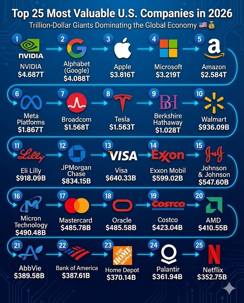 wizardkidtrader's tweet photo. Top 25 Most Valuable U.S. Companies in 2026 🇺🇸💰 | Trillion-Dollar Giants Dominating the Global Economy
$NVDA $GOOGLE $AAPL $MSFT $AMZN $META https://t.co/Tx6XhOmjYH