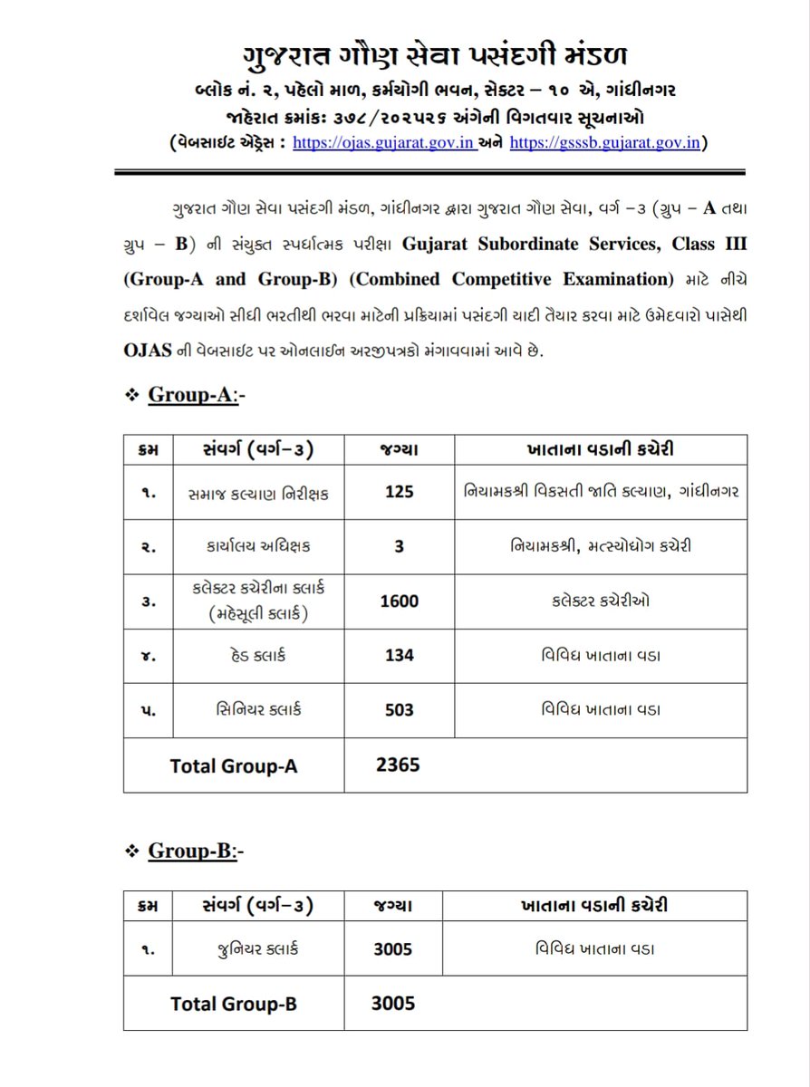 ગુજરાત ગૌણ સેવા પસંદગી મંડળ દ્વારા આયોજિત વર્ગ 3 (ગ્રુપ- A તથા
ગ્રુપ – B) CCE ની સંયુક્ત સ્પર્ધાત્મક પરીક્ષાની ઓનલાઇન અરજીઓ ઉમેદવાર પાસેથી મંગાવવામાં આવી 

 તારીખ ૦૫-૦૨-૨૦૨૬ બપોરે (૧૪:૦૦ કલાકથી) થી આગામી તારીખ ૨૦-૦૨-૨૦૨૬ (રાત્રિના ૧૧:૫૯ કલાક સુધી) ઉમેદવારો ઓનલાઇન અરજી કરી શકશે...
