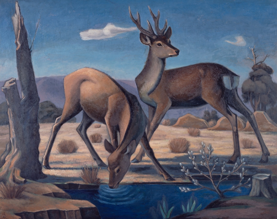 ArtmuseumN's tweet photo. ━━━奈良といえば鹿🦌ですが━━━

美術家たちは各々の表現を追求して多彩な鹿像を制作しています。

浜田葆光は冬枯れの奈良公園で、
新たな生命を宿した雌鹿と、芽吹いたばかりの猫柳を描き、生命の神秘を表現しました✨

画像1枚目：浜田葆光《水辺の鹿》 当館蔵 https://t.co/LpdLkeKbi4