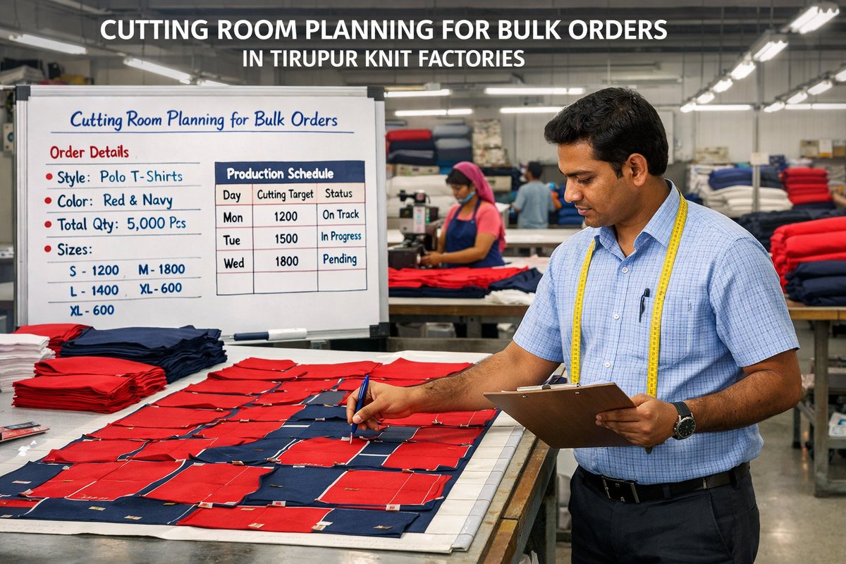 HariChand_Anand's tweet photo. In Tirupur's knit factories, bulk order cutting room planning hinges on fabric yield. Precise marker making, optimizing every inch, directly fights waste & boosts bottom line. #Tirupur #GarmentIndustry #FabricUtilization #CuttingRoom #ProductionTips https://t.co/0zjeorLL74