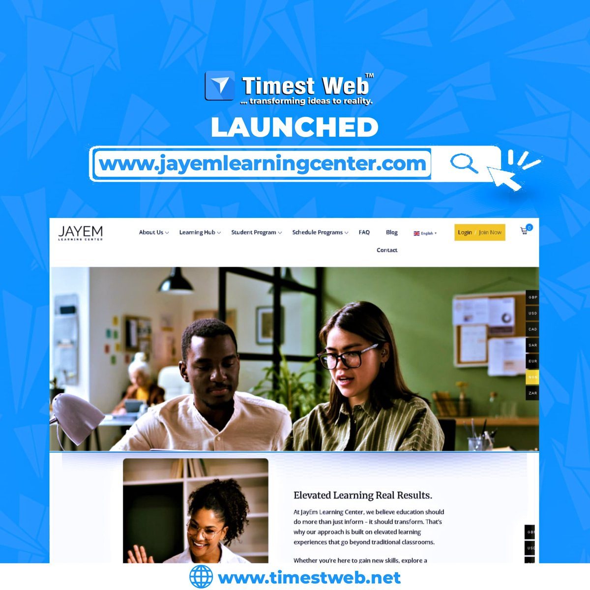TimestWeb's tweet photo. ✨ Just Launched!

Jaye Em Learning Center is now online.
🌐 https://t.co/SQIVzhoVOp

#Website #timestweb #TrendingNow https://t.co/cQYMNd0GlM