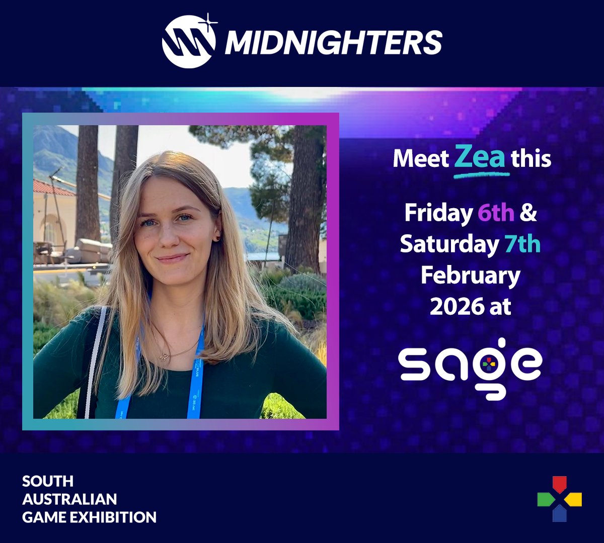 hey_midnighters's tweet photo. We’re at SAGE in Adelaide this week, scouting for standout Australia &amp; New Zealand–made titles to support!

With our first published games set to be announced shortly, we’re keen to partner with dev teams looking for extra hands from Q3 2026 on.

https://t.co/ClhgmsYgif https://t.co/QBejpnb4C9