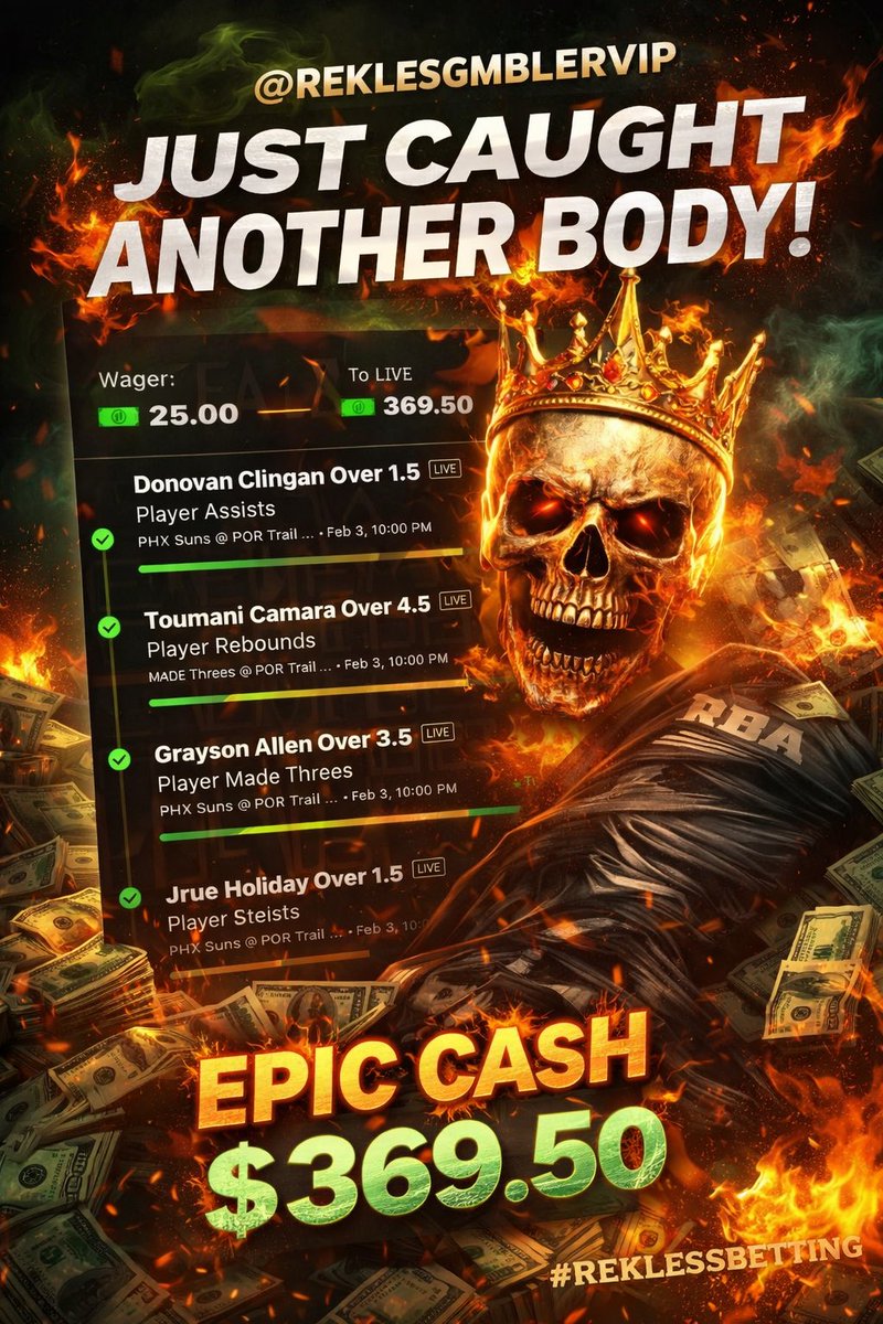 chef_mj's tweet photo. JUST CAUGHT ANOTHER BODY 💀🔥
$25 ➡️ $369.50
Live reads. No mercy.
@reklesgmblervip stays PRINTING
#ReklesGmblerVIP #EpicCash #LiveBetting #SportsBets #WePrint #AnotherBody #RunItUp #CashTickets 💸🔥 https://t.co/sWupwOkPWq