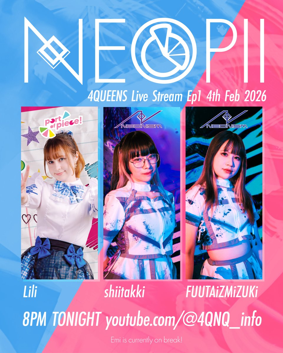 NEOPII!  - 4Qs Live Stream Ep1 : TONIGHT 8PM AEDT!! (4.02.2026) Watch @ : youtube.com/@4qnq_info

Cheki kai after stream: 4qnq.info/shop  sales close at 8:30PM AEDT

Live tonight:  <a href="/lililovechu/">Lili ♡ リリ 💙🐰</a> (ptp)
<a href="/shii_takki/">しいタッキ</a> @fuutatoaus0201 (neonism)
Emi is on break!