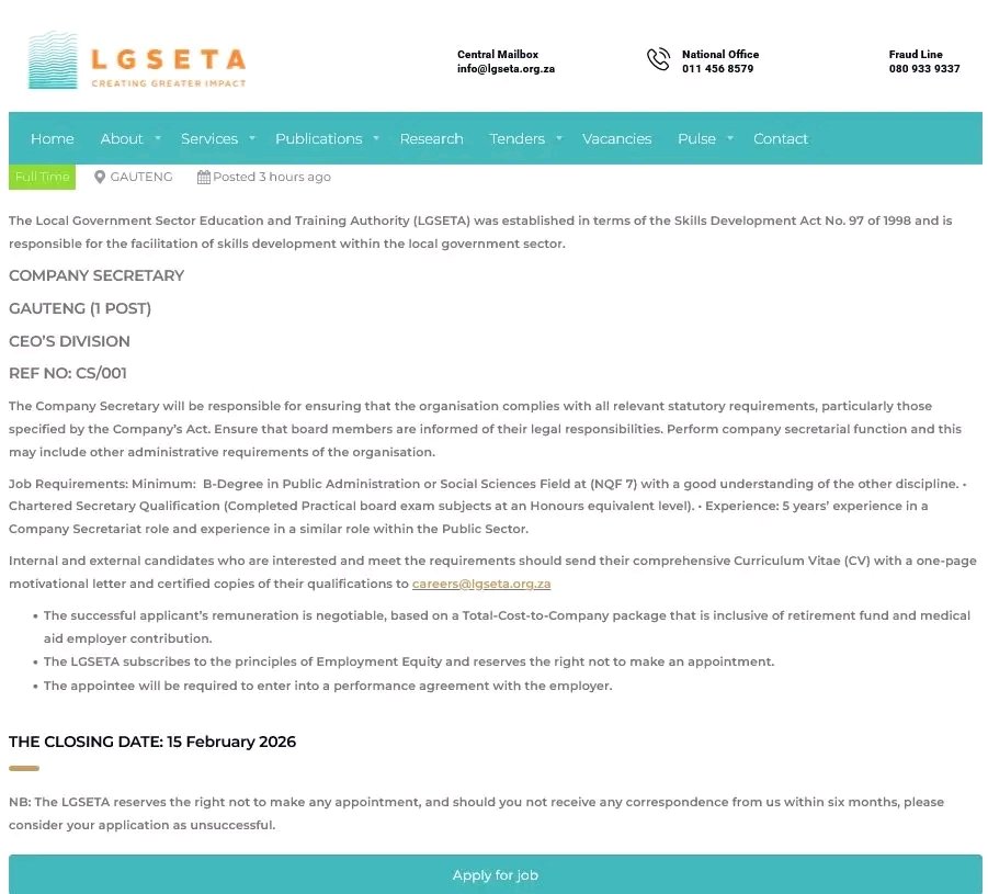 📢 LGSETA Vacancies – Apply Now!

LGSETA is inviting interested and suitably qualified candidates to apply for the following positions:

✅ Administrator Grants (X2 Posts)
✅ Accountant: Budget &amp; Financial Reporting (X3 Posts)
✅ Practitioner: Contract Management (Travel &amp;