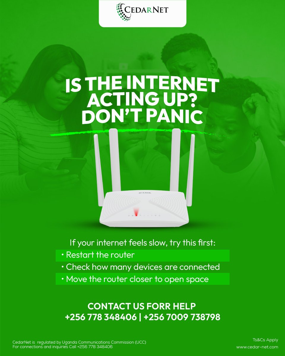 CedarnetUg's tweet photo. Is your internet being funny?
Don't panic.

If your internet feels slow, try this first:
• Restart the router
• Check how many devices are connected
• Move the router closer to open space

If it’s still slow ,that’s our job now.
We’ve got you.

Call or WhatsApp us on
+256 778 348406 | +256 7009 738798
https://t.co/MyWVZo3XTk