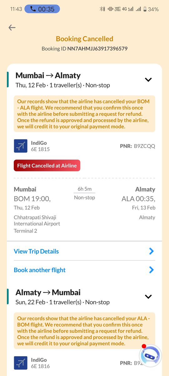 sandesh0795's tweet photo. Pnr B9ZCQQ mum to Almaty flight cancelled by @IndiGo6E , thru @makemytrip,my 1599 convenience fee was not refunded, despite full refund by Indigo, why should I suffer when airlines has cancelled flight @jagograhakjago @makemytripcare respond and refund my entire paid amount https://t.co/e8YABPHNzg