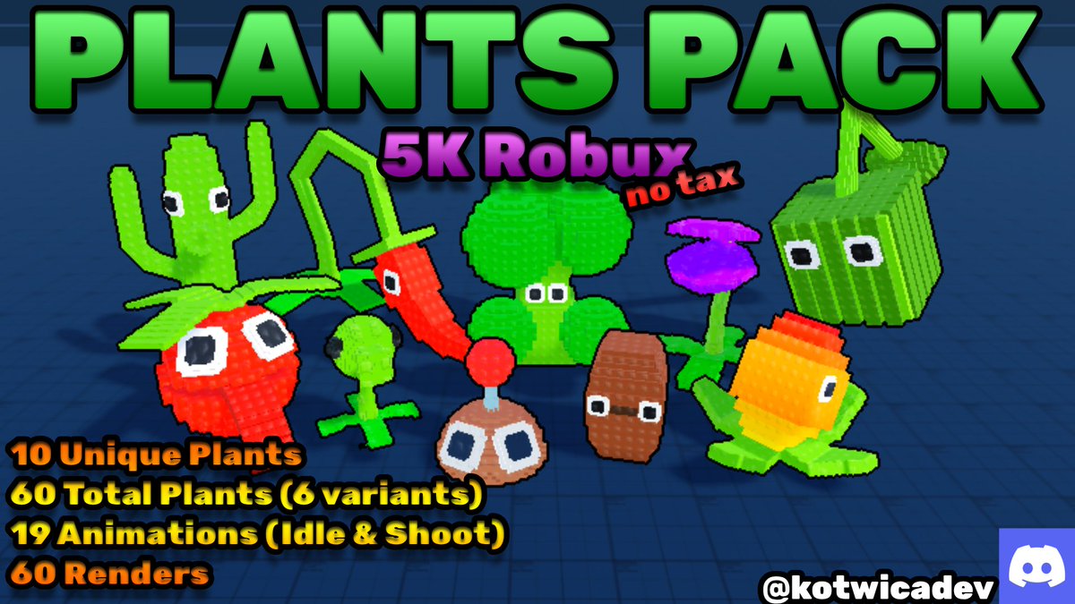 🌱 PLANTS PACK

10 unique plants 
60 total variants
19 animations (idle &amp; shoot) 
60 renders

💰 5K Robux (no tax)

DM me to buy 👀
Discord: kotwicadev

#RobloxDev #Roblox #gamedev