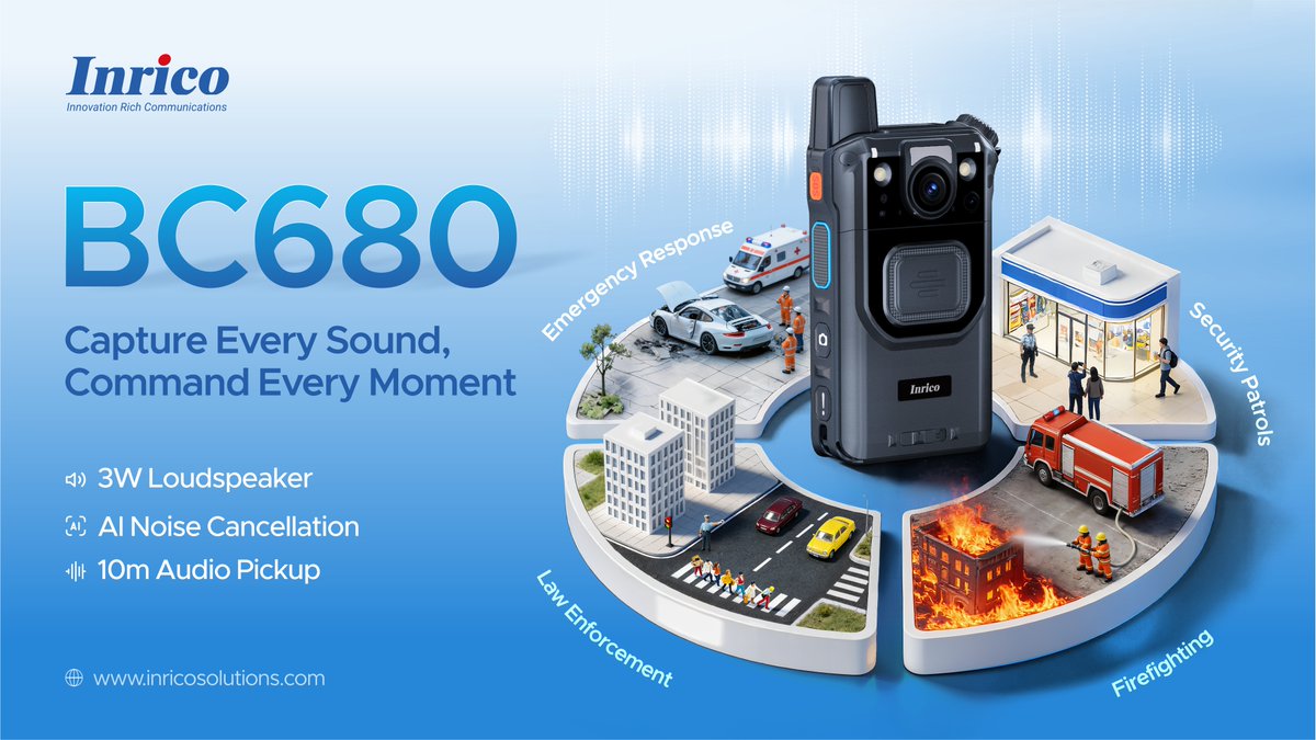 #Inrico BC680: Capture Every Sound, Command Every Moment 🚀

Dual microphones + intelligent DSP capture audio up to 10m. 3W speaker with AI noise cancellation ensures loud, clear communication. Perfect for #lawenforcement, #security &amp; #publicsafety. 

inricosolutions.com/products/BC680…