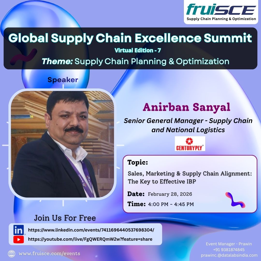 datalabsindia1's tweet photo. 🚀Join GSCES Virtual Edition 7 on Feb 28, 4:00–4:45 PM IST!

Speaker: Anirban Sanyal

Topic: Sales, Marketing &amp; Supply Chain Alignment for effective IBP by Anirban Sanyal.

Register FREE: Linkedin: https://t.co/f56LXHky1t

@fruisce https://t.co/Ii0k8mqwpT
