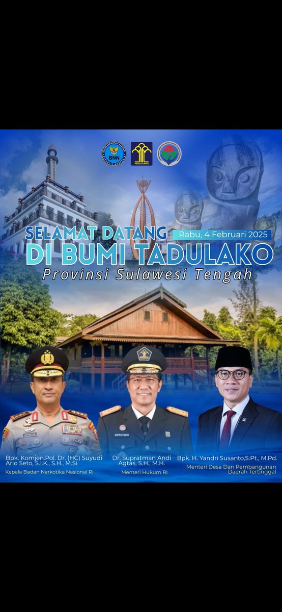 dodyawan11's tweet photo. Rabu, 4 Pebruari 2026

Peresmian POSBANKUM SULTENG oleh Menteri Desa PDT H. Yandri Susanto SPt, MPd bersama Menteri Hukum RI Dr. Supratman Andi Agtas. SH., MH, Kepala BNN Komjen Pol. Dr (HC) Suyudi Ario Seto, SIK, SH, MSi
#posbankumdesa
#jagadesakita
#TerimakasihPakMenteriDesa https://t.co/DQKpXc1oNp