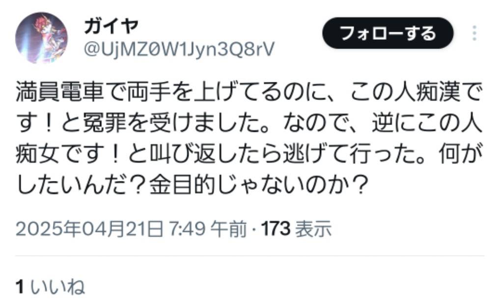 GnReii's tweet photo. @UjMZ0W1Jyn3Q8rV 道を歩けばLUUPに轢かれるし、電車に乗れば痴漢冤罪に遭う。嫌な世の中ですね。 https://t.co/9olzQxfopI