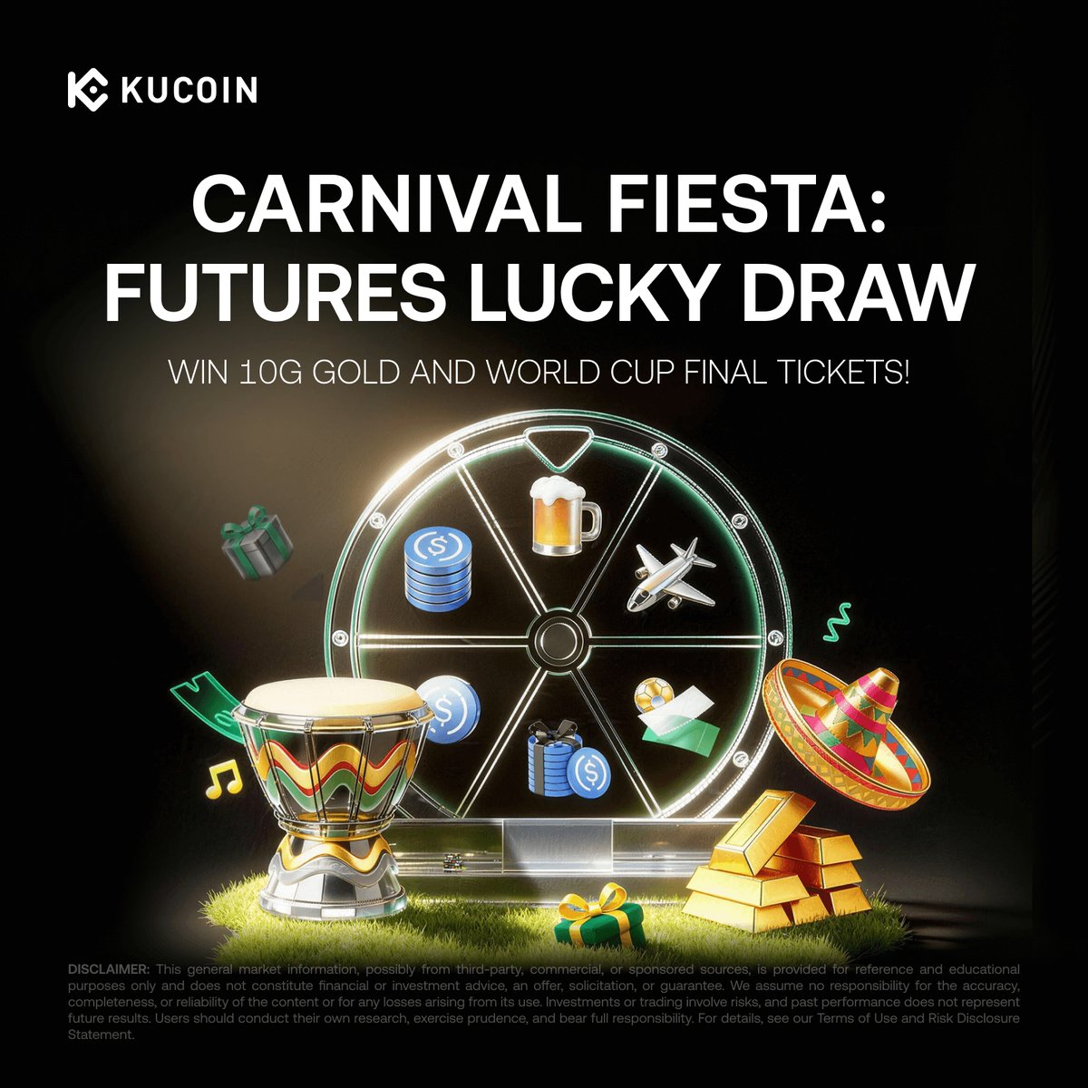 KuCoinFutures's tweet image. Carnival Fiesta Futures Lucky Draw – This one's actually worth farming!  🔥
📅 Feb 1 – Feb 22  

Insane prizes:  
10g gold ✨ Global flight tickets ✈️ World Cup Final tickets ⚽️ Token Mystery Box drops 🎁 50 USDT Beer Bonus 🍻 Huge coupons  💰...

Easy to stack chances (max 31