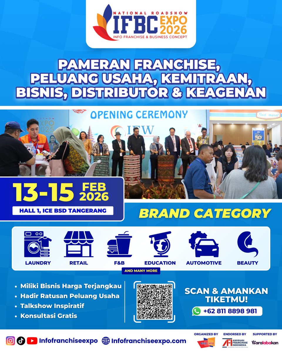 🚀IFBC EXPO 2026 SEGERA HADIR✨

Dapatkan:
*Promo investasi mulai 10 jutaan
* Diskon eksklusif selama pameran
*Talkshow bisnis inspiratif
*Konsultasi bisnis gratis

Catat Tanggalnya!
📅 13–15 Februari 2026
📍 Hall 1, ICE BSD Tangerang

More info infofranchiseexpo.com

#ifbc2026