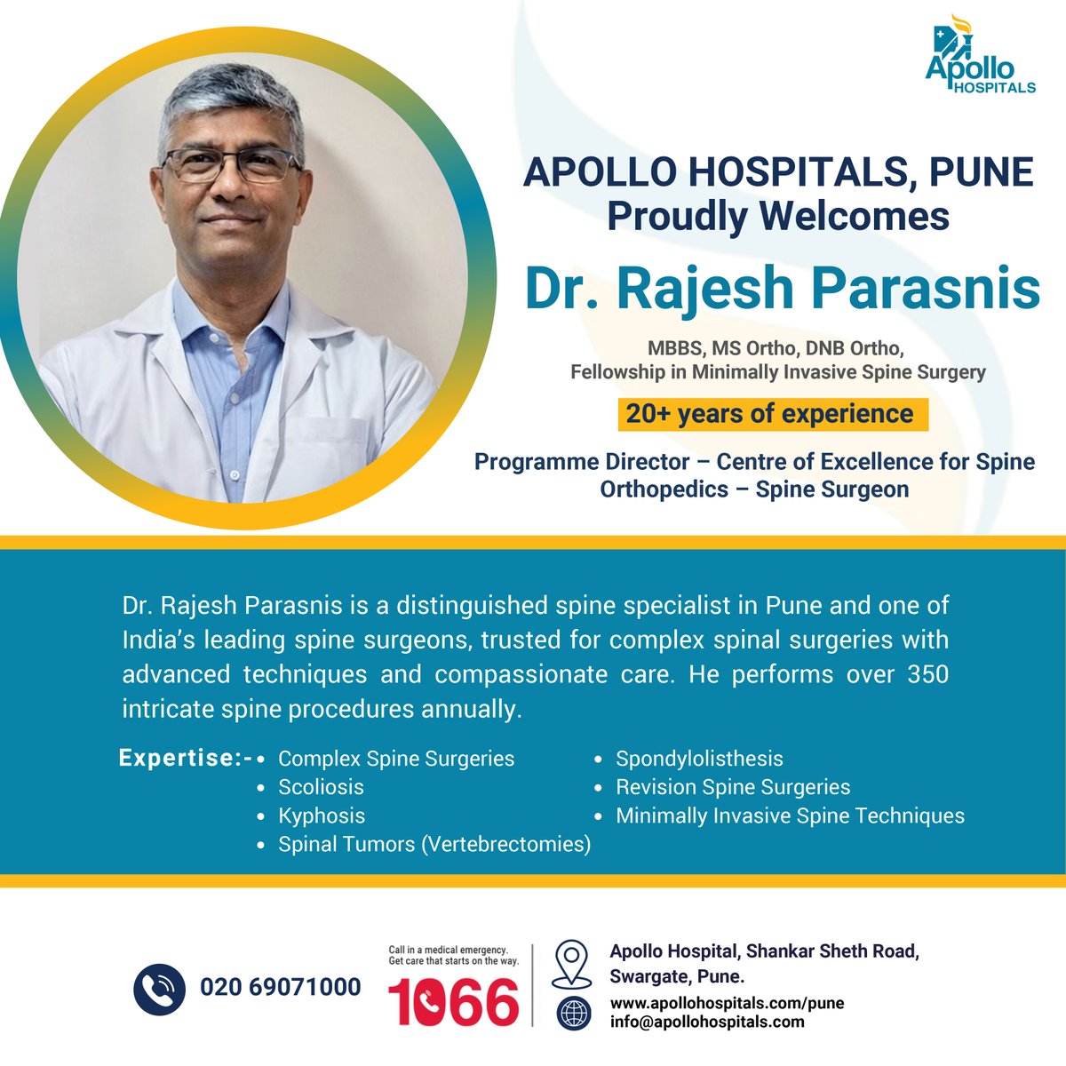 ApolloPune's tweet image. We are proud to welcome Dr. Rajesh Parasnis to Apollo Hospitals, Pune — a renowned spine surgeon with 20+ years of experience in advanced and minimally invasive spine care.

Expertise that restores mobility. Care that puts patients first.