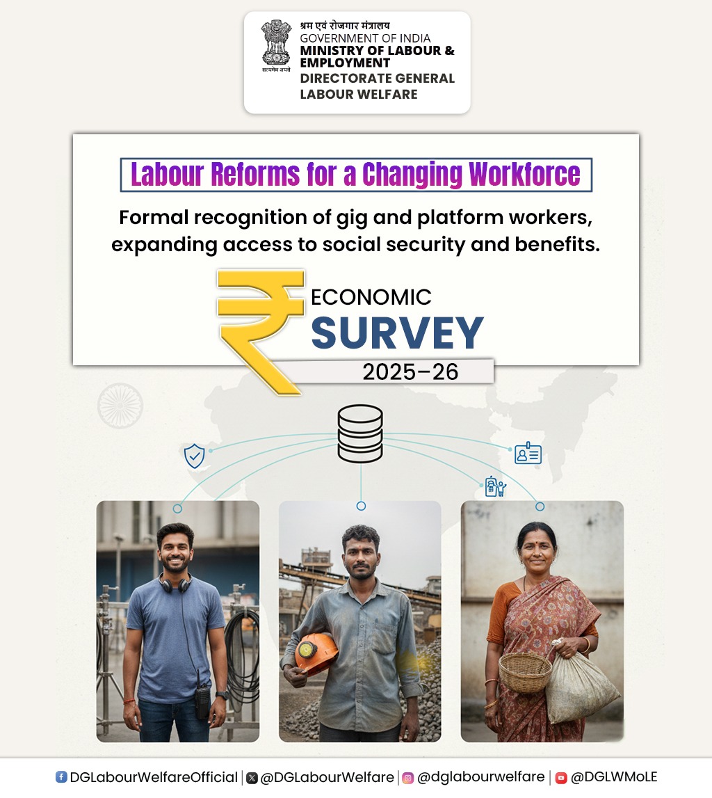 DGLabourWelfare's tweet photo. Labour reforms are recognising gig and platform workers, expanding access to social security and benefits for a more inclusive workforce, as highlighted in the Economic Survey 2025–26.

#LabourReforms #GigWorkers #PlatformWorkers #SocialSecurity #EconomicSurvey2025 #DGLW https://t.co/fwvWNRaeZc
