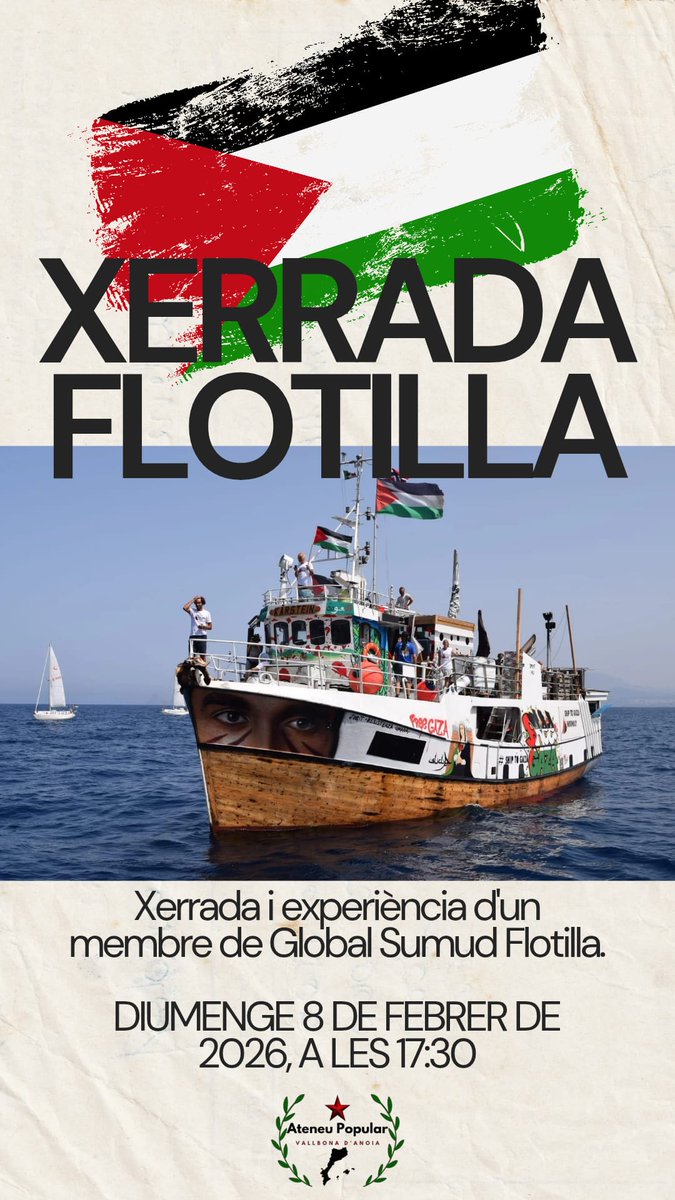ateneu_vallbona's tweet photo. Aquest diumenge, tindrem el plaer d'escoltar a un dels integrants vallbonencs de la flotilla per Gaza.
Us hi esperem!! https://t.co/3eo3fPWiGc