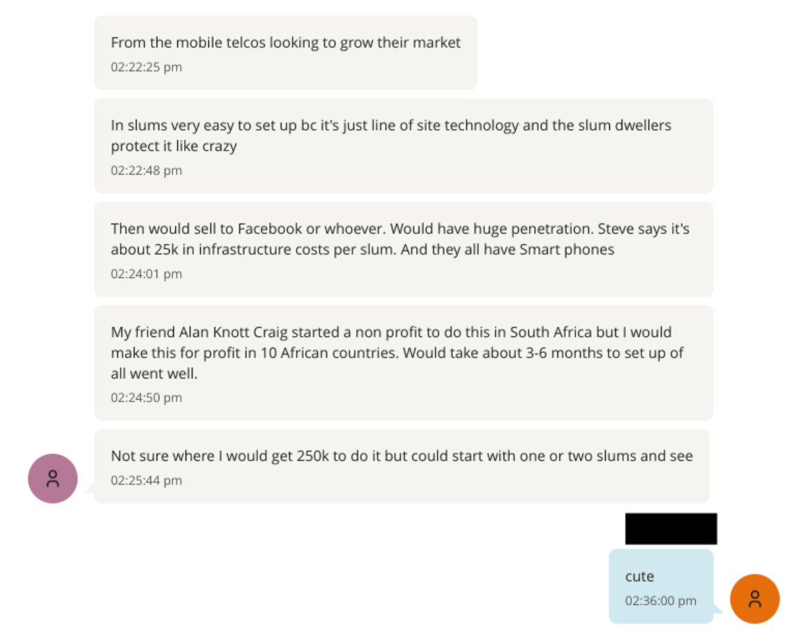 Alan-Knott Craig is a South African entrepreneur &amp; was the CEO of both Vodacom &amp; CellC

Epstein &amp; his associates wanted to replicate his free wifi model into townships... but make it for profit