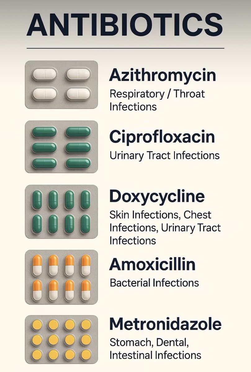 Commonly Prescribed Antibiotics and Their Primary Clinical Uses
⚠️To Be Taken Only Under Medical Prescription
