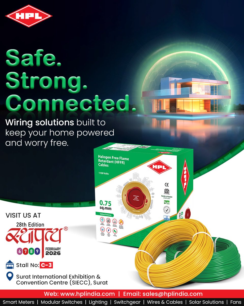 HPL_Official's tweet image. Power that protects. Strength that lasts. Connectivity you can trust.
Meet HPL wiring solutions at Sthapatya Expo, Feb 6–9, 2026 | Stall C-3, SIECC Surat. Smart power starts here!

#HPLIndia #SmartWiring #SafeHomes #PowerYouCanTrust