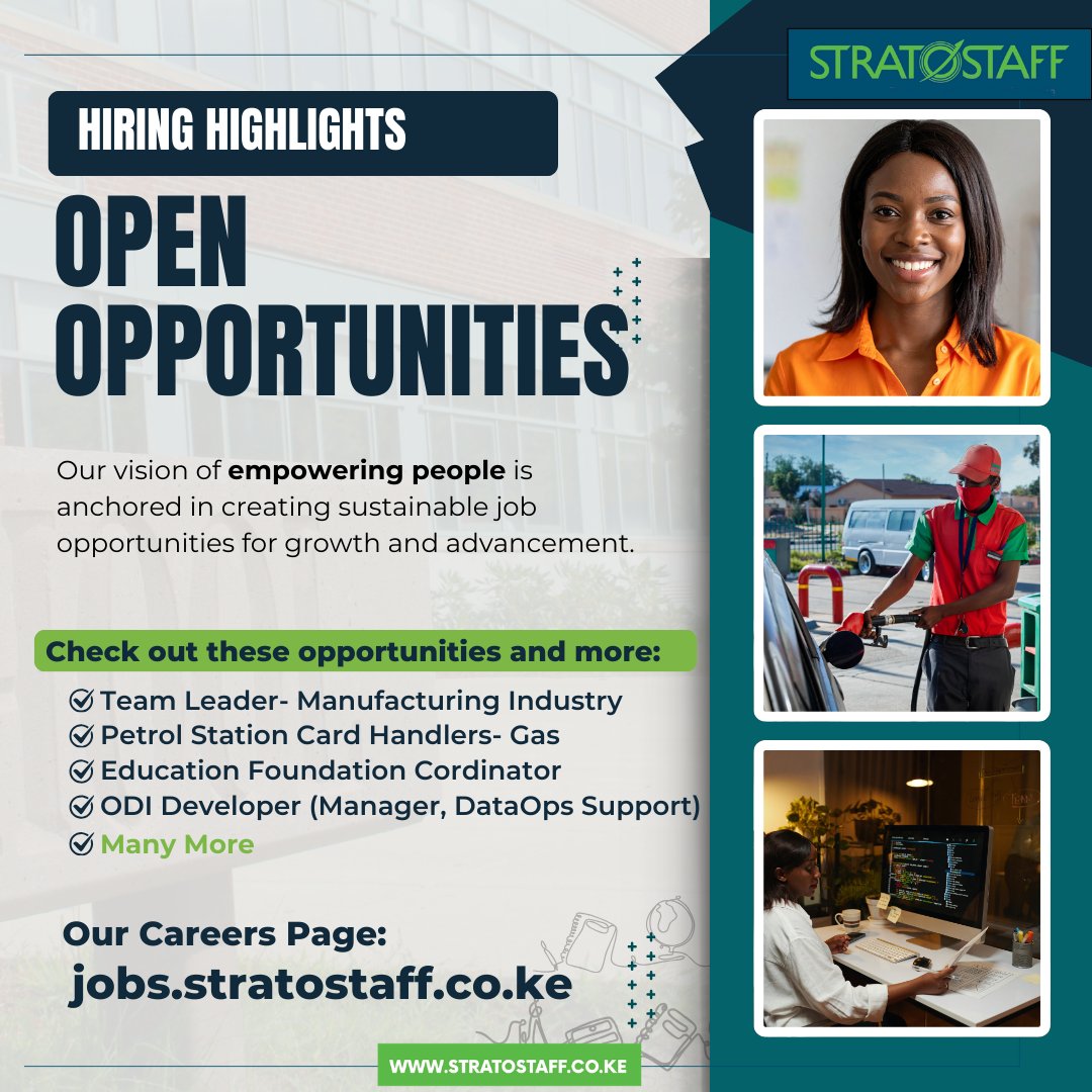 Empowering you with meaningful career opportunities to grow, lead, and make an impact.

Take the next step in your professional journey. Visit our careers page and apply today: jobs.stratostaff.co.ke

#recruitment
#opportunities
#staffing
#jobs
#hiring