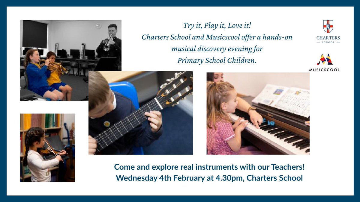 ChartersSchool's tweet image. TONIGHT!!!
Discover the joy of music! 🎶  
Join our Music Department &amp;amp; @musicscool
for a hands-on open evening for primary students &amp;amp; parents.  Try real instruments, meet expert teachers &amp;amp; spark a love of music.
🗓️Wed 4 Feb 
⏰4.30 - 6pm
📍Charters School 
#Music #FREE #Lessons
