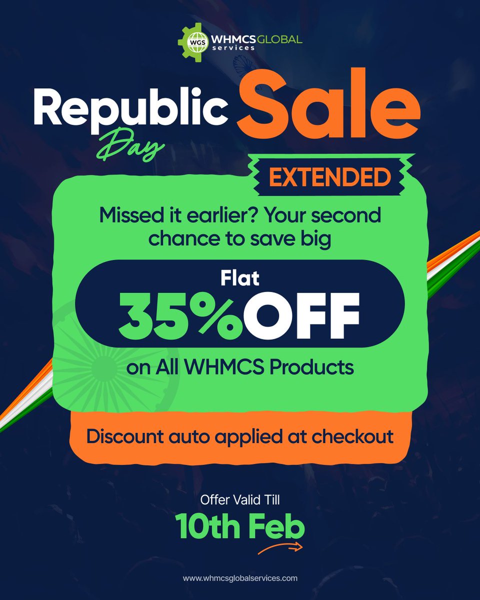 Infowgs's tweet photo. 🎉Republic Day Sale EXTENDED!🎉

Missed it earlier? Here’s your second chance to save big. 

🔥 Flat 35% OFF on all WHMCS Products
📅 Offer valid till 10th February
✅ Discount auto-applied at checkout

Grab the offer now:
https://t.co/oDf26C32KX
.
#republicdaysale #whmcs https://t.co/Z3fwpBC2Un
