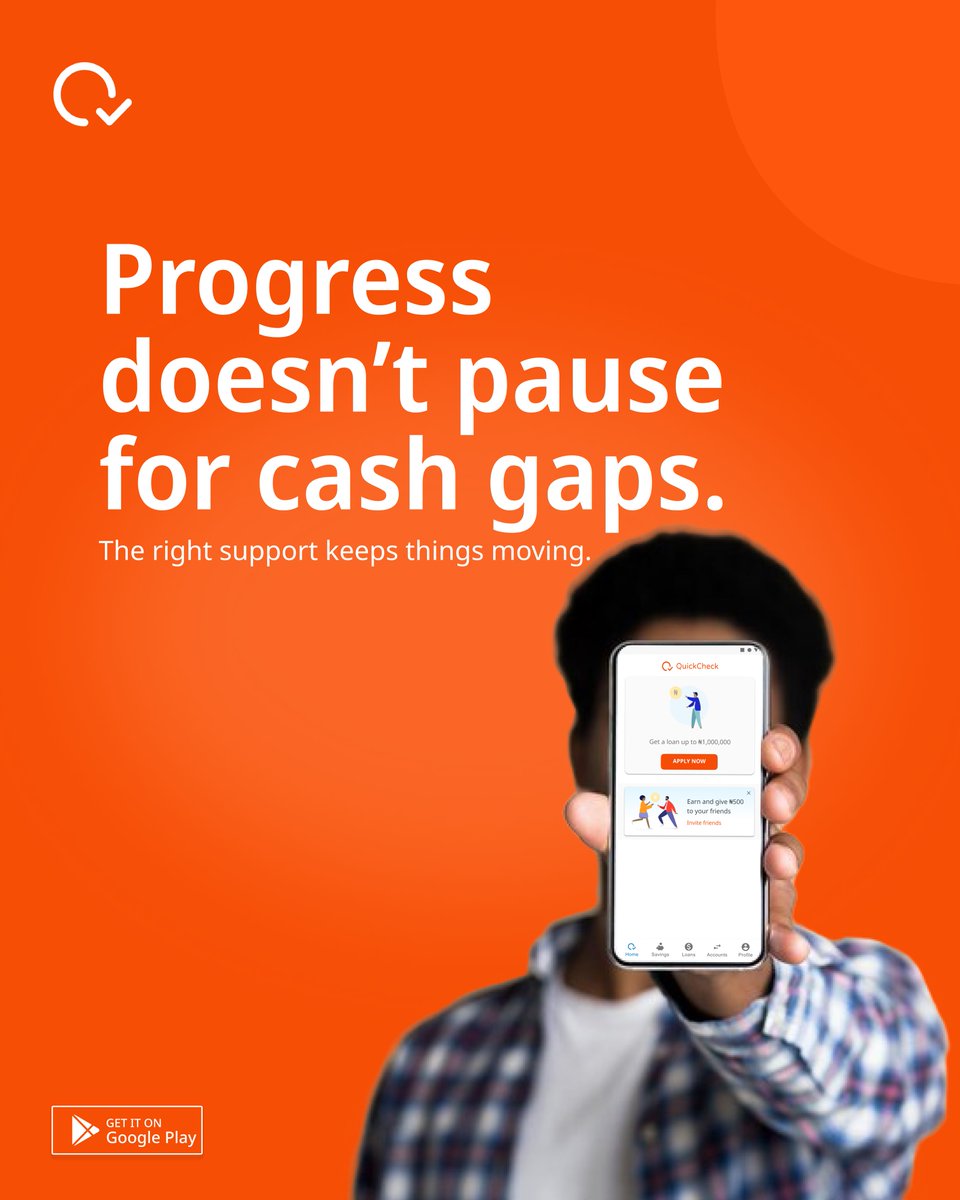 quickcheckNG's tweet image. Unexpected expenses shouldn’t slow your plans. Get fast access to funds designed to fit your needs and timeline.

Download the QuickCheck app to get started today. 💼📲

 #SmartMoneyMoves #InstantLoans #QuickCheck
