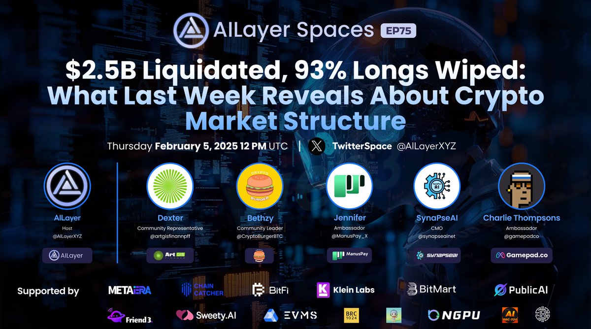 AILayerCM's tweet photo. Get ready for EP75 of #AILayerSpaces!

Join us as we discuss "$2.5B Liquidated, 93% Longs Wiped: What Last Week Reveals About Crypto Market Structure." This session will be hosted by Commando from @AILayerXYZ, featuring speakers from @artgisfinannpff, @CryptoBurgerBTC, @ManusPay_X, @synapseainet, and @gamepadco.

🗓 Feb 5 at 08:00 PM (UTC+8)
🔗 https://t.co/bgALWZlhlR

Don't miss this #AMA!

#BTC #Layer2 #AI