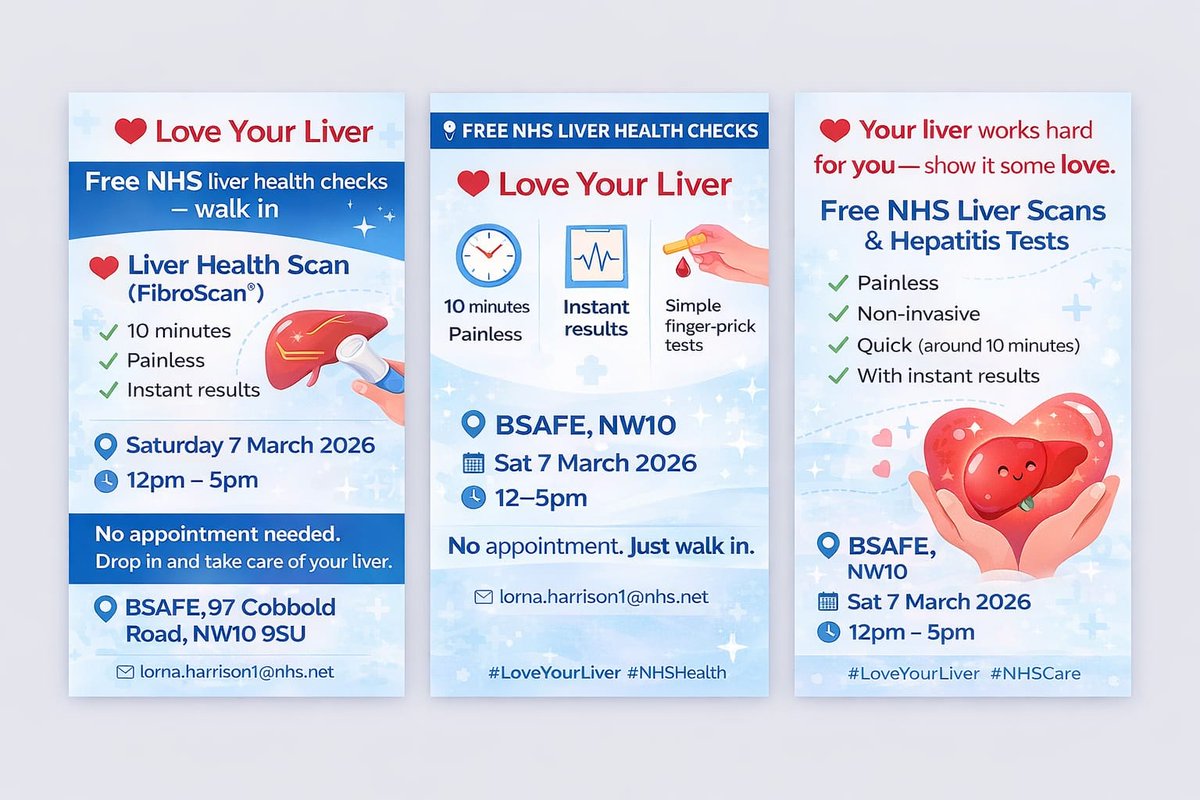 WLondonHepCODN's tweet image. Free NHS Health Checks

Collaborating with #BSAFE, we're holding Fibroscan &amp;amp; hepatitis testing.

✔ Painless
✔ Non-invasive
⏱ Around 10 minutes
📊 Instant results
📍 BSAFE, NW10
🗓 Sat 7 March
⏰ 12–5pm

No appointment needed. Walk in.

#NHS  #NHSHealth #CommunityHealth