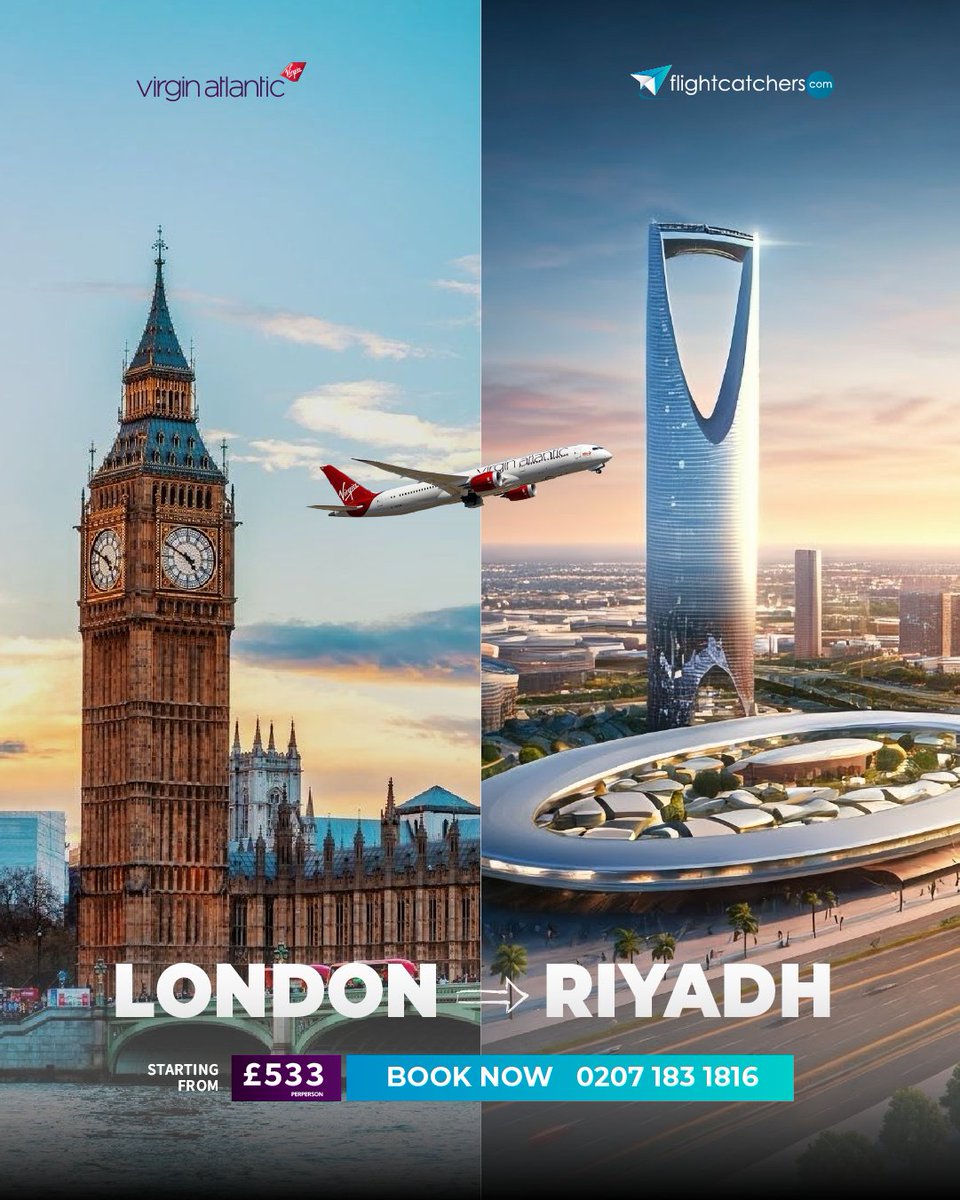 London → Riyadh ✈️
Fly with Virgin Atlantic from £533 and explore where heritage meets the future 🇸🇦

Limited seats available — call 0207 183 1816.
