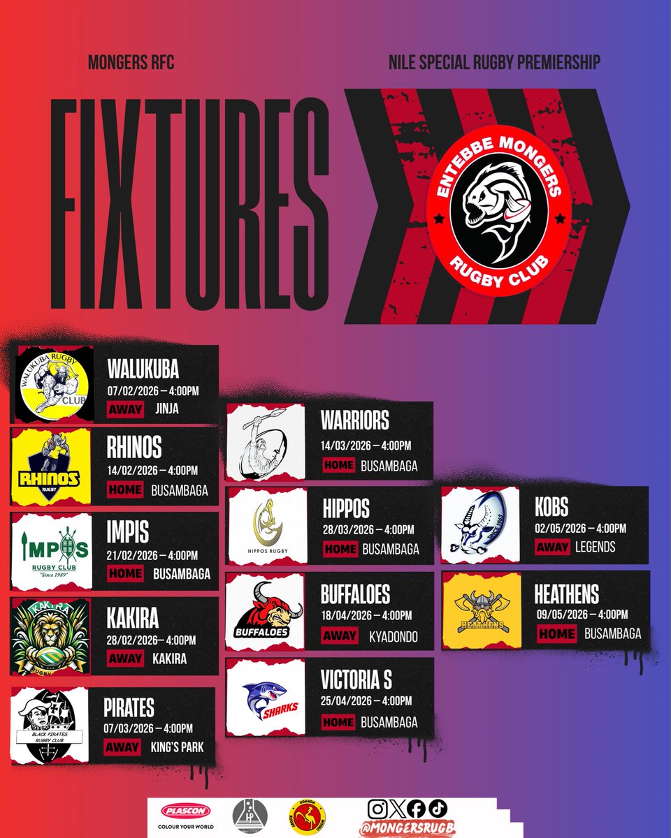 Mongersrugby's tweet photo. 🚨 ! Mongers fam, GET PUMPED – our Nile Special Rugby Premiership WARPATH is UNLEASHED! Walukuba away on Feb 7, Heathens at home on May 9 and EVERY clash in between is PURE ADRENALINE! Who’s sailing into battle with us? 🏉💥🔥 #MongersRugby #NileSpecialPremiership #RugbyUganda https://t.co/O7VDjIEIhi