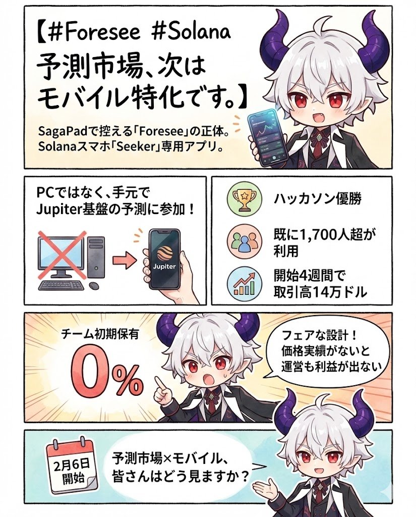 mapupresident's tweet photo. #Foresee #Solana
予測市場、次はモバイル特化です。
SagaPadで控える「Foresee」の正体。
Solanaスマホ「Seeker」専用の予測市場アプリです。
PCではなく、手元でJupiter基盤の予測に参加できるのが最大の特徴。
単なる構想ではなく、数字が出ている点を評価します。
✅ハッカソン優勝
✅既に1,700人超が利用
✅開始4週間で取引高14万ドル
さらに「チームの初期保有ゼロ」。
価格実績がないと運営も利益が出ない、このフェアな設計は好印象。
2月6日開始。
予測市場×モバイル、皆さんはどう見ますか?
@foreseelol