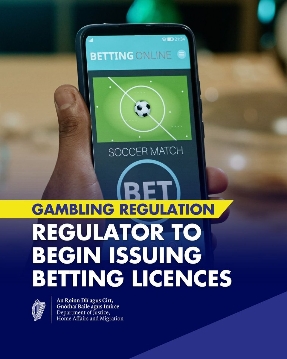 DeptJusticeIRL's tweet photo. A commencement order, allowing the Gambling Regulatory Authority of Ireland to begin issuing remote and in-person betting licences, was signed yesterday by Minister O'Callaghan

Read More: https://t.co/Hcc2U4hf6m

@OCallaghanJim https://t.co/iNZAbWhxT4