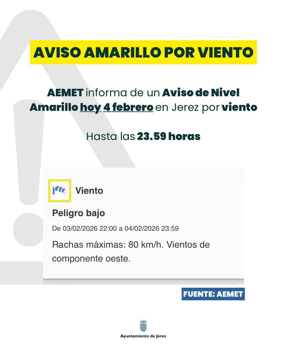 💨 AEMET informa de un Aviso de Nivel Amarillo en Jerez por viento de hasta 80 km/hora

🕕 Hasta las 23.59 horas

🙏 Rogamos extremen las precauciones