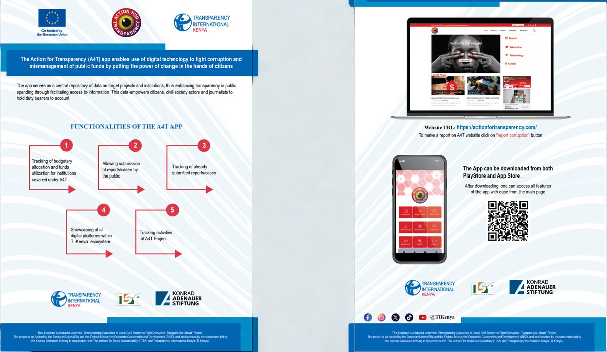TIKenya's tweet photo. 💡Did you know you can track public funds, monitor development projects, submit reports, and follow up on accountability cases all from your phone?

Through the Action for Transparency (A4T) App, citizens, CSOs, and journalists are empowered to practice whistleblowing in a safe space, anonymously expose corruption, and follow up on accountability cases, putting transparency in the hands of the public.

This app lets you:
1⃣. Track budgetary allocation and funds utilization for projects and institutions covered under A4T project.
2⃣. Allow submission of reports/cases by the public.
3⃣. Track already submitted reports/cases.
4⃣. Showcase all digital platforms within TI-Kenya ecosystem.
5⃣. Track past and ongoing activities under the A4T project.

Get started today! You can download the app from Google Play Store and App Store, or access the platform via the link below👇
🌐 https://t.co/ZHEdbbxD04

#TupiganeNaUfisadi 
@KAS_Kenya @EUinKenya @TISAKenya @a4tkenya