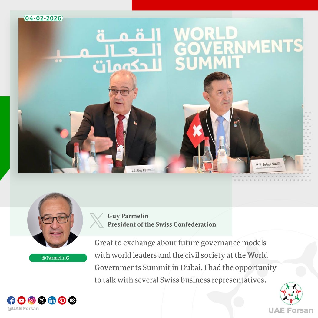 UAE_Forsan's tweet image. Guy Parmelin, President of the #Swiss Confederation: Great to exchange about future governance models with world leaders and the civil society at the World Governments Summit in #Dubai. I had the opportunity to talk with several Swiss business representatives 
#UAE #WGS2026