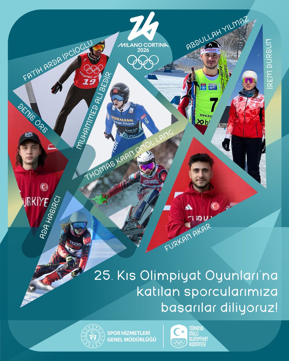Başarılar çocuklar! 🇹🇷✨

İtalya’nın Milano ve Cortina kentlerinde, 6–22 Şubat 2026 tarihleri arasında düzenlenecek olan 25'inci Kış Olimpiyat Oyunları’nda ülkemizi temsil edecek sporcularımıza başarılar diliyoruz. 🇹🇷❄️

🎿 Kayakla Atlama
* Fatih Arda İpcioğlu
* Muhammed Ali