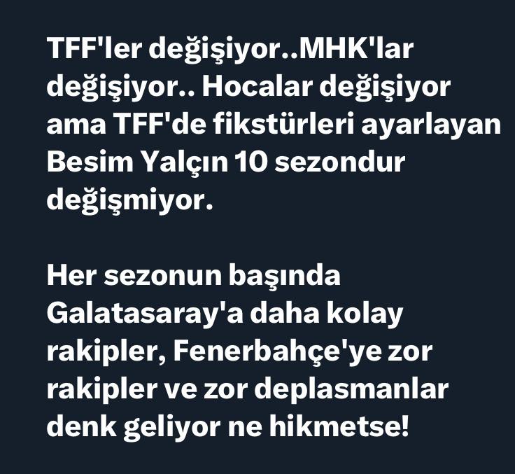 Fenerbahçe her sene fikstürden şikayet ediyor. Hep deriz ya bu nasıl fikstür çekimi diue..
İşte bu işi 10 senedir Federasyonda yapan kişi
Şaşırdık mı?
Alın size yapının kralı..
Adı Besim Yalçın...
Ama biz gene tesadüf diyeceğiz.
Bu zat nasıl orda tutuluyor <a href="/TFF_Org/">TFF</a> <a href="/OA_BAK/">Dr. Osman Aşkın Bak</a> 
Bu