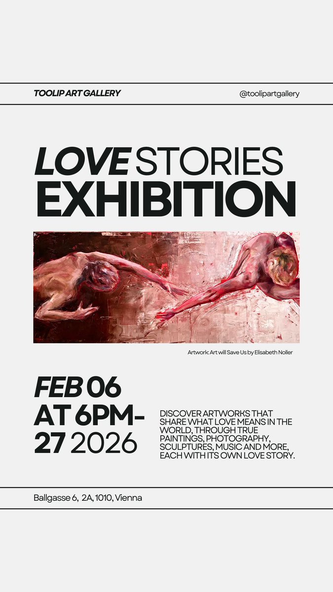 Love Stories opening, this Friday February 6th at 18:00 at Toolip Art Gallery,
Ballgasse 6, 2A 1010 Vienna (Austria) RSVP: info@toolipartgallery.com or by DM

See you soon!

Artwork by Elisabeth Noller

#lovestories #contemporaryart #artvienna #paintings #music #sculpture #photo