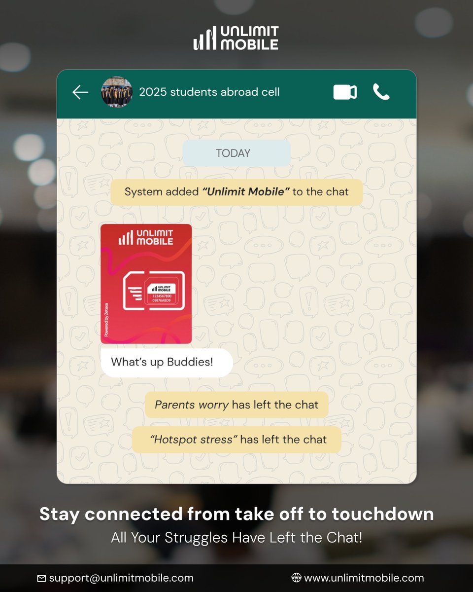 Unlimit_Mobile's tweet photo. Group chat update: Unlimit Mobile is in!
Connectivity worries are out 💬✨

🔗 https://t.co/ZglBTidPix

#StudentAbroad #ConnectedEverywhere #Unlimit https://t.co/tthdFWJiX6