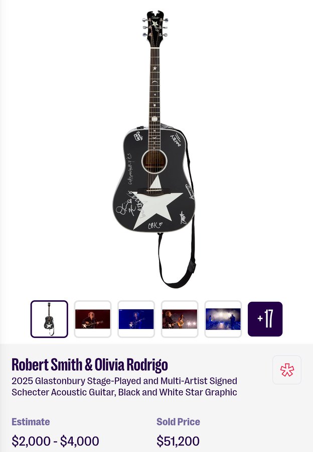 A guitarra de Robert Smith e Olivia Rodrigo para o  Leilão Beneficente  foi vendida por US$ 51.200! - Equivalente a R$ 268.231,68 .

instagram.com/p/DUGetnWFTkK/…